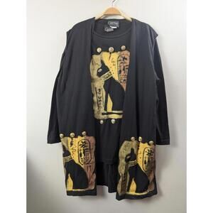 Vintage 90s Made in USA 100% Cotton Puff Paint Art Egyptian Cat Vest & Shirt